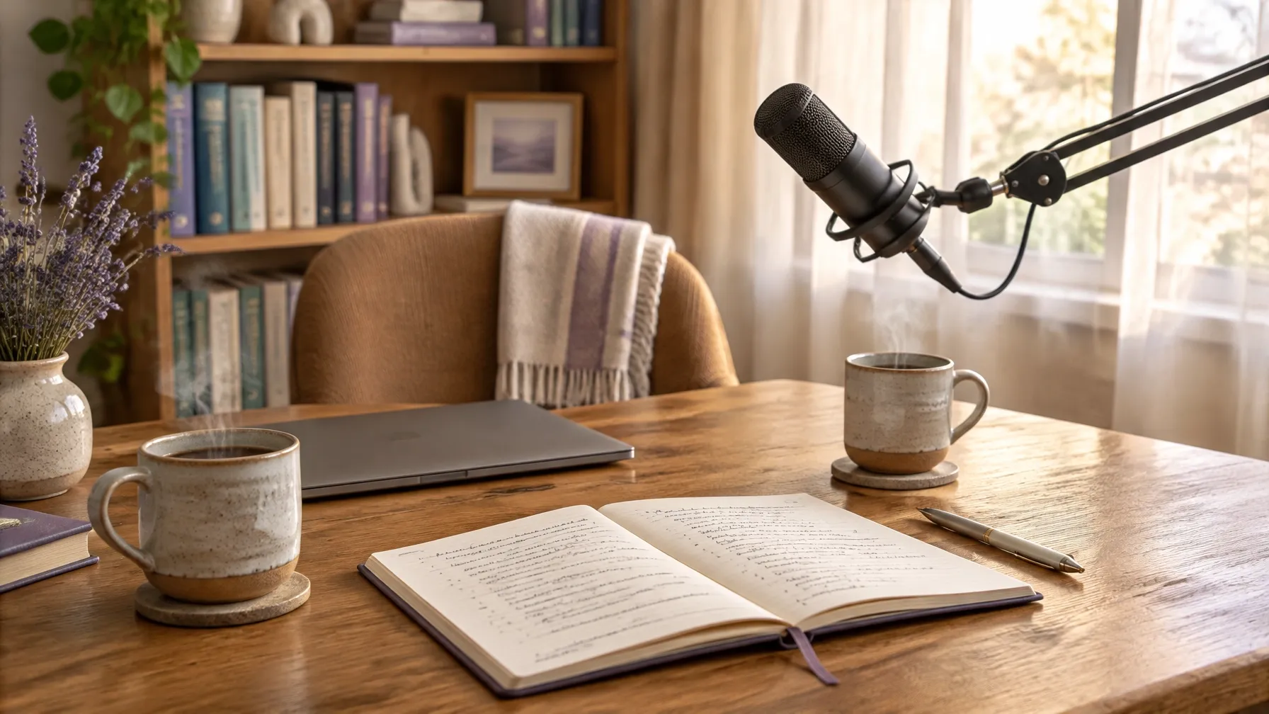 Warm wood desk with steaming coffee mugs, an open handwritten notebook and pen, a closed laptop, and a professional microphone beside a bookshelf and bright window